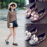 Autumn 2019 New Kids' Leather Shoes with Butterfly Knot Princess Shoes Big Bowknot Girls Flats with Sequins Flat Heel Slip On