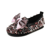 Autumn 2019 New Kids' Leather Shoes with Butterfly Knot Princess Shoes Big Bowknot Girls Flats with Sequins Flat Heel Slip On