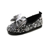 Autumn 2019 New Kids' Leather Shoes with Butterfly Knot Princess Shoes Big Bowknot Girls Flats with Sequins Flat Heel Slip On