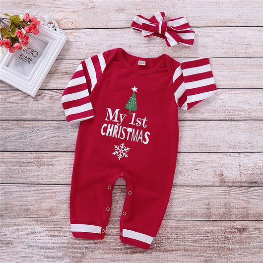 Christmas Newborn Baby Girls Striped Romper Headband Xmas Outfits Letter Clothes 0-2T