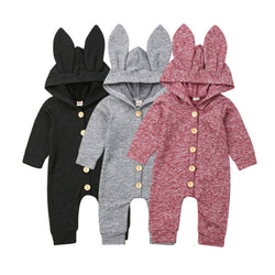New Newborn Infant Baby Girl Boy Fashion Style Solid Cute Rabbit Ears Hooded Cotton Romper Button Jumpsuit Outfits Clothes 0-24M