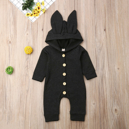 New Newborn Infant Baby Girl Boy Fashion Style Solid Cute Rabbit Ears Hooded Cotton Romper Button Jumpsuit Outfits Clothes 0-24M