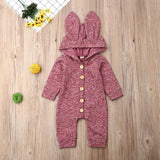 New Newborn Infant Baby Girl Boy Fashion Style Solid Cute Rabbit Ears Hooded Cotton Romper Button Jumpsuit Outfits Clothes 0-24M