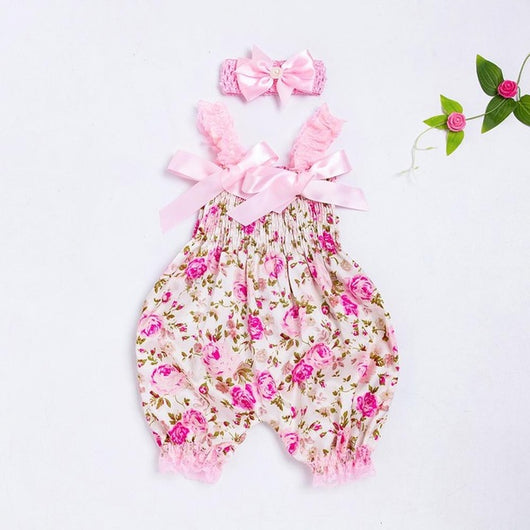 Summer 2PC Funny New Born Girls Flower Print Baby Rompers Body Baby Girl Lace Jumpsuit Bows Headband Iospioszki Dropshipping 2