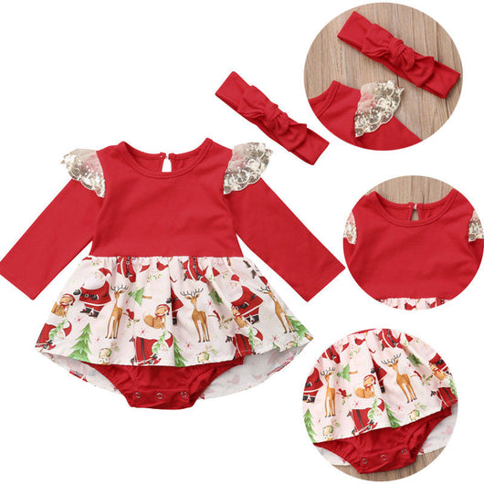 Newborn Baby Girl Christmas  Bodysuit Babies Xmas Jumpsuit Headband Outfits Clothes Sets