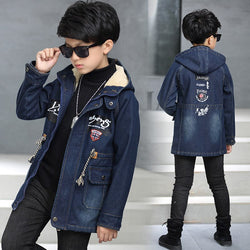 Boys' Clothes Autumn And Winter Brushed And Thick Denim Windbreaker Kids' Overcoat 2018 New Style Big Virgin Boy Fashion