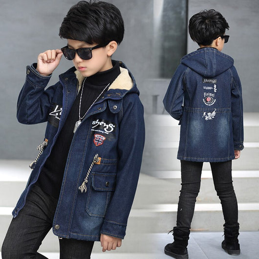 Boys' Clothes Autumn And Winter Brushed And Thick Denim Windbreaker Kids' Overcoat 2018 New Style Big Virgin Boy Fashion