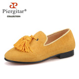 Piergitar handmade gold cow suede children tassel loafers parental shoes party and birthday kids's smoking slippers red bottom
