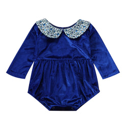 Princess Blue Velvet Lovable Infant Baby Girl Doll Collar Long Sleeve Romper Playsuit Outfit Clothes
