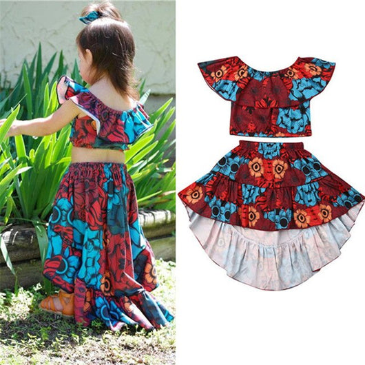 Floral INS Set One-shouldered Lotus Leaf Top Dress 2 Piece Set Fashion Girls Clothes Set Kids' Suits Children's Clothes