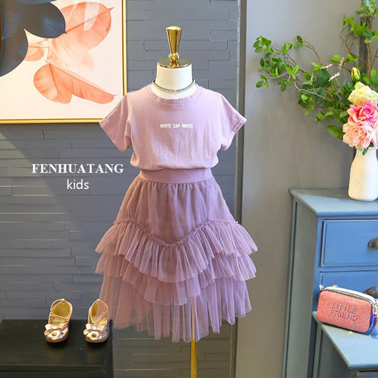 2019 two pieces set Girls'Suit Letter Short Sleeve T-shirt and Screen Skirt Summer Dress New Kids' Dress  kids clothes