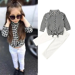 Baby Girl Clothes White And Black Plaid T-shirts With Turn-down Collar Solid White Trousers Kids' Clothing Sets
