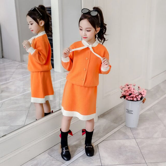 Girls'Suit 2019 Autumn New Kids' Sweater Cardigan Jacket Baby Knitted Half-length Skirt Two Pieces Sets Sweet Girl Clothes Set