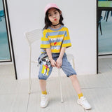 Girls Sports Alphabet Set Two Fashionable Kids'Oceanic Stripe Geometric Elements Clothes in the New Kids' Suit of Summer 2019