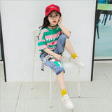 Girls Sports Alphabet Set Two Fashionable Kids'Oceanic Stripe Geometric Elements Clothes in the New Kids' Suit of Summer 2019
