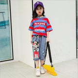 Girls Sports Alphabet Set Two Fashionable Kids'Oceanic Stripe Geometric Elements Clothes in the New Kids' Suit of Summer 2019