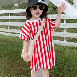 Summer Casual Fashion Baby Kids Girl Striped Print Short Sleeve Shirt Dress Kids' Clothes