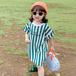 Summer Casual Fashion Baby Kids Girl Striped Print Short Sleeve Shirt Dress Kids' Clothes