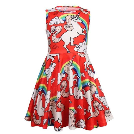 Cartoon Rainbow Pony Girl Dress A-line Dress Princess Party Dress More color Baby Girls Clothes sleeveless Kids' Clothes 4Y-8Y