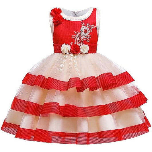 Girls Sleeveless Embroidered Dress New popular Kids' Clothes Christmas Dress European Style Princess Dress Pink and Red 2 Colors