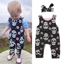 INS Hot Selling Halloween Skull Kids' One-piece Suit Romper Crawling Clothes + Cute Hair Band Two-Piece Set
