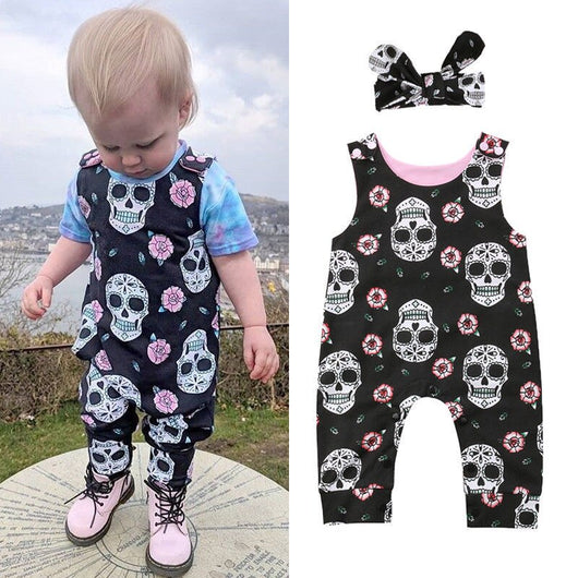 INS Hot Selling Halloween Skull Kids' One-piece Suit Romper Crawling Clothes + Cute Hair Band Two-Piece Set