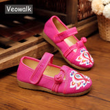 Veowalk 2-14 Years Children Comfort Canvas Flat Shoes Little Girls Cotton Embroidered Shoes Chinese Style Kids' Walking Shoes
