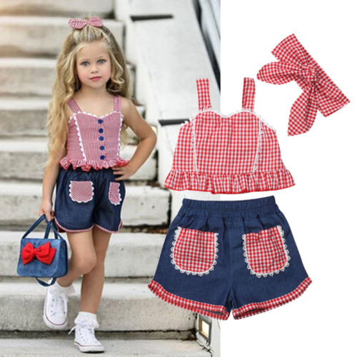 1-6Y 3Pcs Denim Kids Baby Girls Clothes Set Plaid Strap Vest Crop Tops + Shorts + Headband Fashion Outfits Clothes