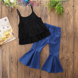 Humor Bear Baby Girls Clothes Sets 2019 Summer Black Sling Sleeveless Tops Shirts + Blue Flare Pants Casual Kids's Clothing Suit