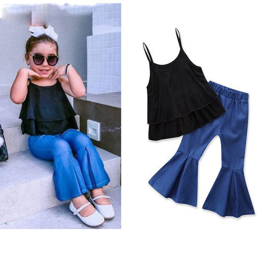 Humor Bear Baby Girls Clothes Sets 2019 Summer Black Sling Sleeveless Tops Shirts + Blue Flare Pants Casual Kids's Clothing Suit