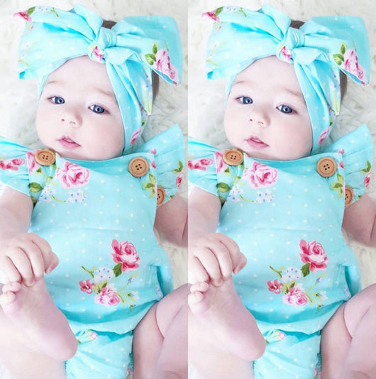 Newborn Baby Girls Floral One-pieces Romper Sunsuit Headband Clothes Set 0-24M