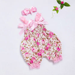 Summer 2PC Funny New Born Girls Flower Print Baby Rompers Body Baby Girl Lace Jumpsuit Bows Headband Iospioszki Dropshipping 2