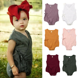 2019 Cute Newborn Infant Baby Girls Clothes Sleeveless Solid Romper Cotton Linen Kimono Jumpsuit Clothes 0-18M