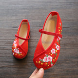 Veowalk Chinese Embroidered Girls Cotton Flat Shoes Comfort Children Canvas Mary Jane Ballet Flats Kids' Embroidery Dance Shoes