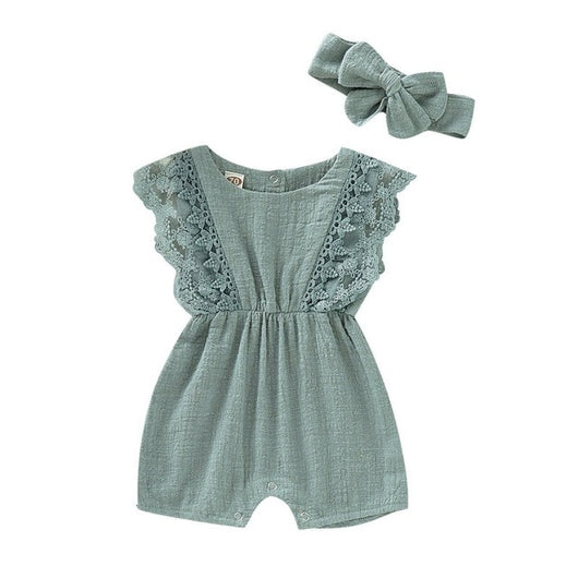 Summer Baby Girl Rompers Newborn Baby Clothes Toddler Flare Sleeve Solid Lace Design Romper Jumpsuit with Headband One-Pieces